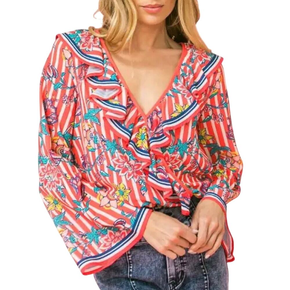 Flying Tomato Ruffle Floral Stripe Wrap Blouse Size Large